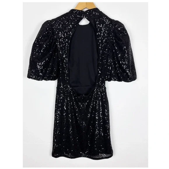 Camila Coelho Cassie Mini Dress Black Sequin Puff Sleeve Open Back Size Small - Picture 6 of 12